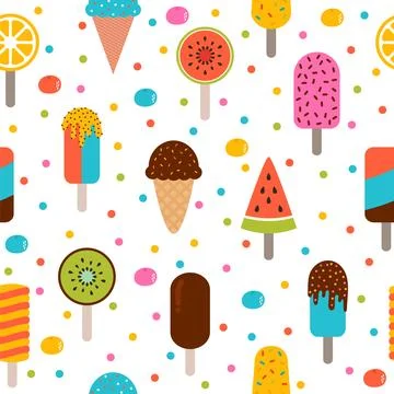 Cute summer seamless pattern with ice cream and berries. Colorful wrapping .. Stock Illustration
