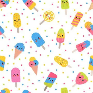 Cute summer seamless pattern with kawaii ice cream. Colorful wrapping paper.. Stock Illustration