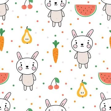 Cute summer seamless pattern with little bunny and fruits. Childish backgro.. Stock Illustration