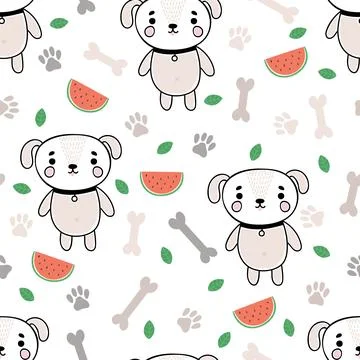 Cute summer seamless pattern with little dog, bones and watermelons. Childi.. Stock Illustration