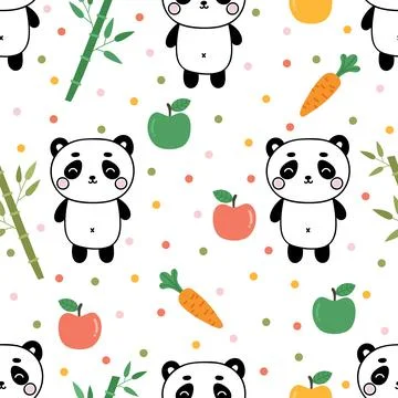 Cute summer seamless pattern with little panda, bamboo and fruits. Childish.. 스톡 일러스트