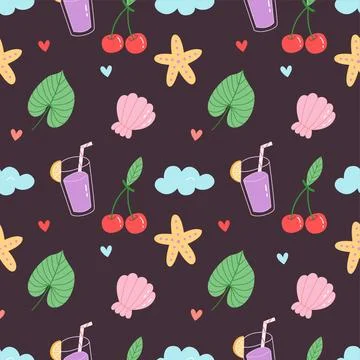 Cute Summer Seamless Pattern with Tropical Elements and Fruits Stock Illustration