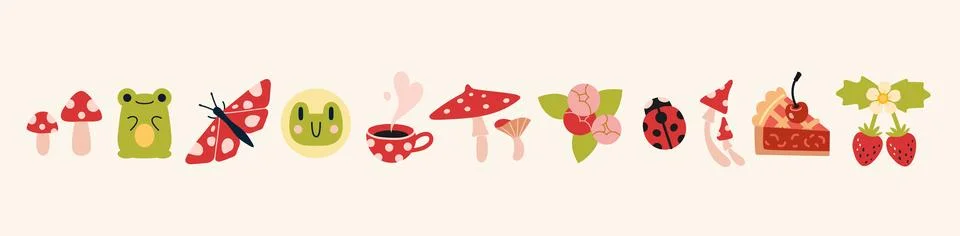 Cute summer set with nature elements including flowers, berries, mushrooms,.. Illustrazione stock