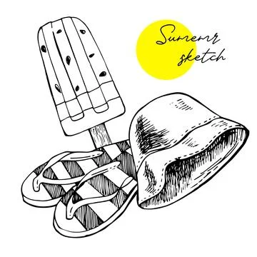 Cute summer sketch design elements. Vector illustrations of flip flops, hats and Stock Illustration