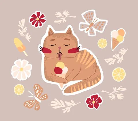 Cute summer sticker, cat eats ice cream. Children's drawing illustration in s イラスト素材