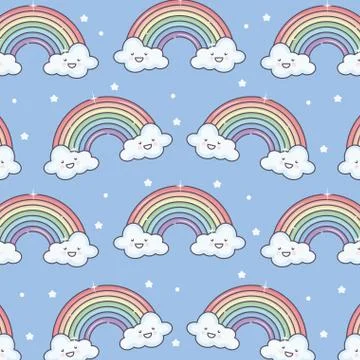 Cute summer sun and clouds with rainbow kawaii pattern Stock Illustration