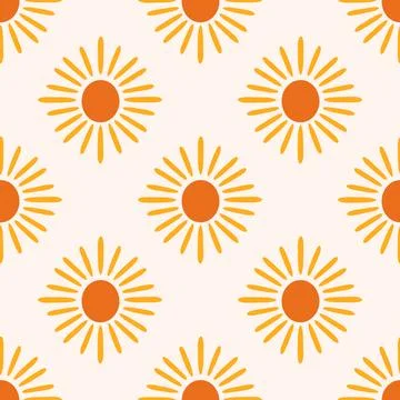 Cute summer sun vector seamless pattern. Modern simple orange sun shapes on Stock Illustration