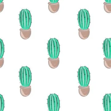 Cute summer theme seamless pattern with cactuses. Pretty and soft pastel colors. Stock Illustration