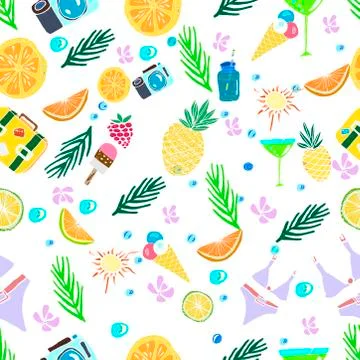 Cute summer vacation seamless pattern. Fresh fruits, pineapples, oranges, cit Stock Illustration