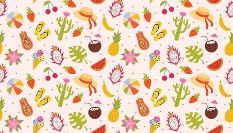 Cute summer vacation seamless pattern with tropical fruits and cactus, ice .. Stock Illustration
