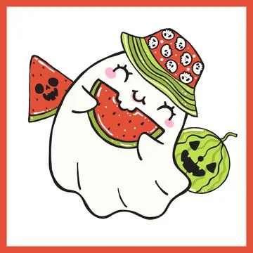 Cute Summerween ghost sheet with watermelon doodle hand drawn printable for.. Stock Illustration