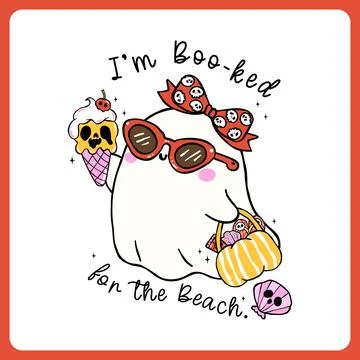Cute Summerween girly ghost sheet booked for the beach funny saying printab.. Stock Illustration