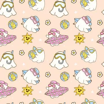 Cute Summerween seamless pattern cute ghost Summer spooky halloween design .. 스톡 일러스트