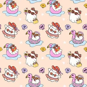 Cute Summerween seamless pattern cute ghost Summer on beach girly spooky ha.. Stock Illustration