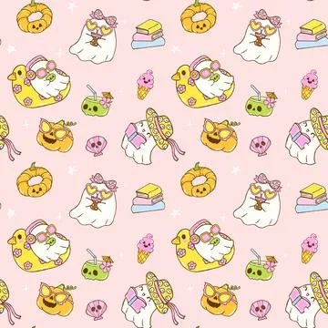 Cute Summerween seamless pattern cute spooky ghost Summer halloween design .. イラスト素材