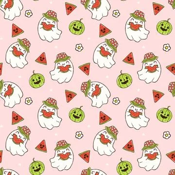 Cute Summerween seamless pattern with cute ghost with watermelon girly spoo.. Stock Illustration