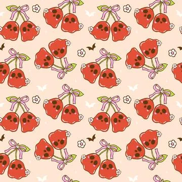 Cute Summerween seamless pattern with cute coquette ghost cherries, girly s.. Stockillustratie