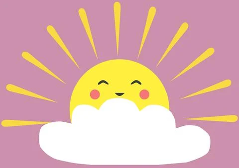 Cute sun and cloud with smiling face in cartoon style Stock Illustration