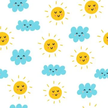 Cute sun and clouds seamless pattern Stock Illustration