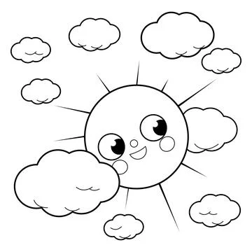 Cute sun and clouds. Vector black and white coloring page Stock Illustration