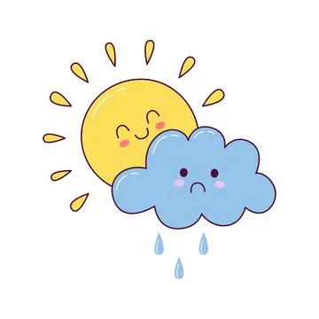 Cute sun and rainy cloud weather illustration in kawaii hand drawn style Stock Illustration