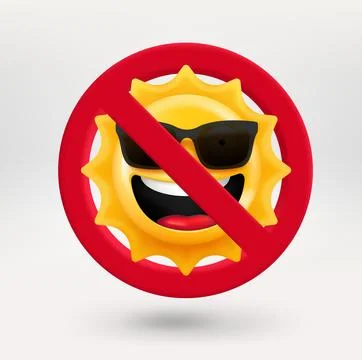 Cute sun emoji in red circle with crossed line. No light concept. 3d vector.. Stock-Illustration