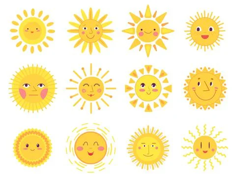 Cute sun faces. Happiness joy suns, isolated baby sunshine elements. Funny Stock Illustration