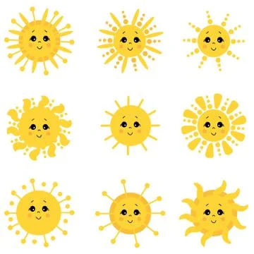 Cute Sun. Icon Vector Set. Drawn funny drawings. Different Funny Suns with faces Stock Illustration