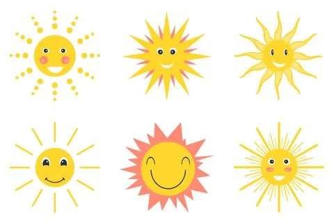 Cute sun icons vector set six smiling cartoon characters isolated on white Stock Illustration