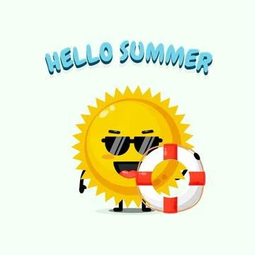 Cute sun mascot carrying a float with summer greetings 스톡 일러스트