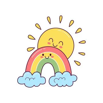 Cute sun with rainbow and clouds illustration in hand drawn kawaii style Stock Illustration