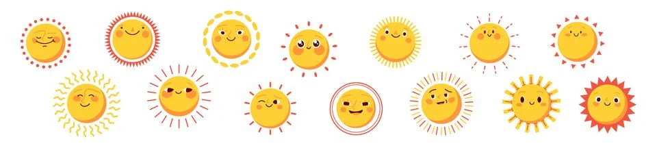 Cute sun with smiling face and sunshine rays. Summer sticker and sunny weat.. Stock Illustration