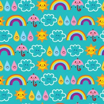 Cute sun umbrellas raindrops clouds rainbows pattern Stock Illustration