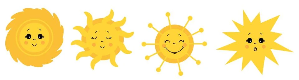 Cute Sun. Vector icon set. Drawn drawings of the sun with different faces and Stock Illustration