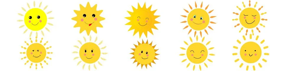 Cute sun vector. set illustration. Cartoon sunshine, sunshine vector. Suns .. Stock Illustration