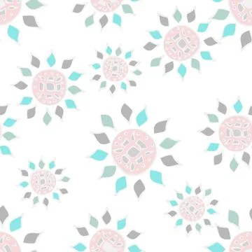 Cute sunburst shapes vector repeat pattern in pastel shades scattered on a wh Stock Illustration