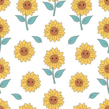 Cute sunflowers seamless pattern. Trendy retro cartoon Sunflower character. Stock Illustration