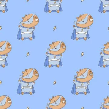 Cute Superhero Capybara Seamless pattern. Cool power cartoon kawaii animal in 스톡 일러스트