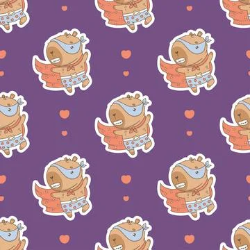 Cute Superhero Capybara Seamless pattern. Romantic Cartoon kawaii animal in mask 스톡 일러스트