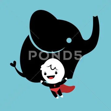 Cute superhero cartoon figure lifting an elephant Stock Illustration