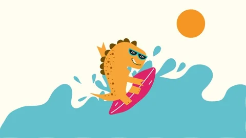 A cute surfer dinosaur looping animation on white background Stock Footage 342280334