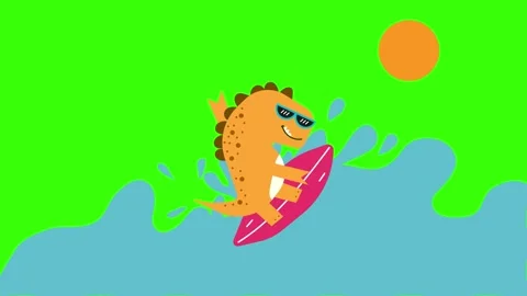 A cute surfer dinosaur looping animation on green background Stock Footage 342280336