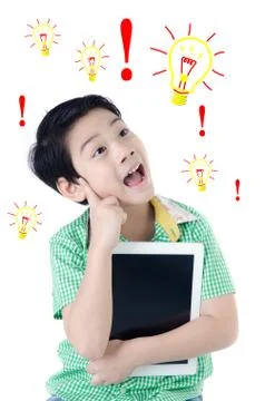 Cute surprised asian boy with tablet computer on isolated background Stock Illustration