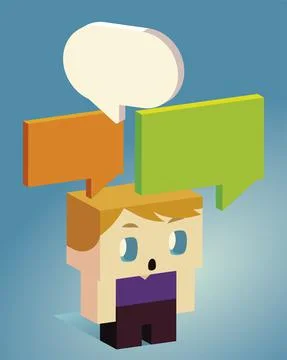 Cute surprised boy with speech bubbles, isometric design Stock Illustration