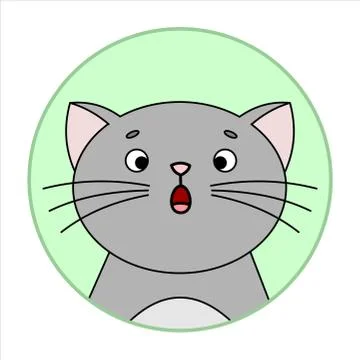 Cute Surprised Cat, Round Icon, Emoji. Gray Cat With Whiskers, Mouth Open Wit Stock Illustration