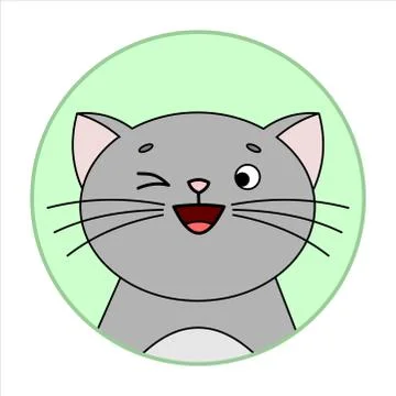Cute Surprised Cat, Round Icon, Emoji. Gray Cat With A Whiskers, Smiles, Wink Stock Illustration