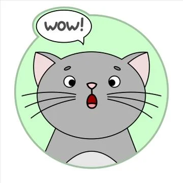 Cute Surprised Cat, Round Icon, Emoji. Gray Cat With Whiskers, Mouth Open Wit Stock Illustration