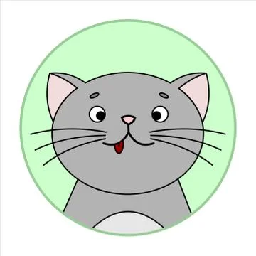 Cute Surprised Cat, Round Icon, Emoji. Gray Cat With A Whiskers, Smiles, show Stock Illustration