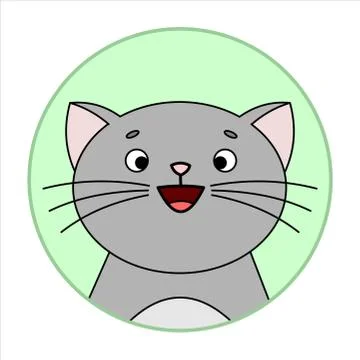 Cute Surprised Cat, Round Icon, Emoji. Gray Cat With A Whiskers, Smiles. Vect Stock Illustration