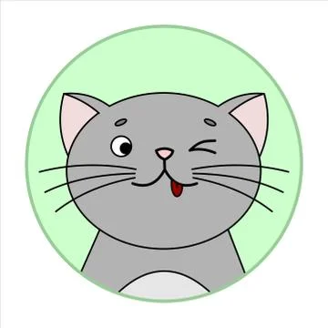 Cute Surprised Cat, Round Icon, Emoji. Gray Cat With A Whiskers, Smiles, show Stock Illustration